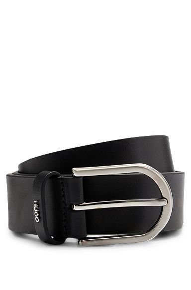 Pin-buckle belt in leather with gold-tone logo, Black