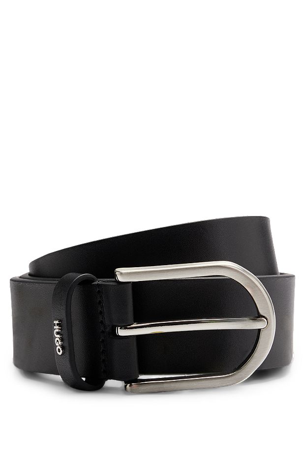 Pin-buckle belt in leather with gold-tone logo, Black