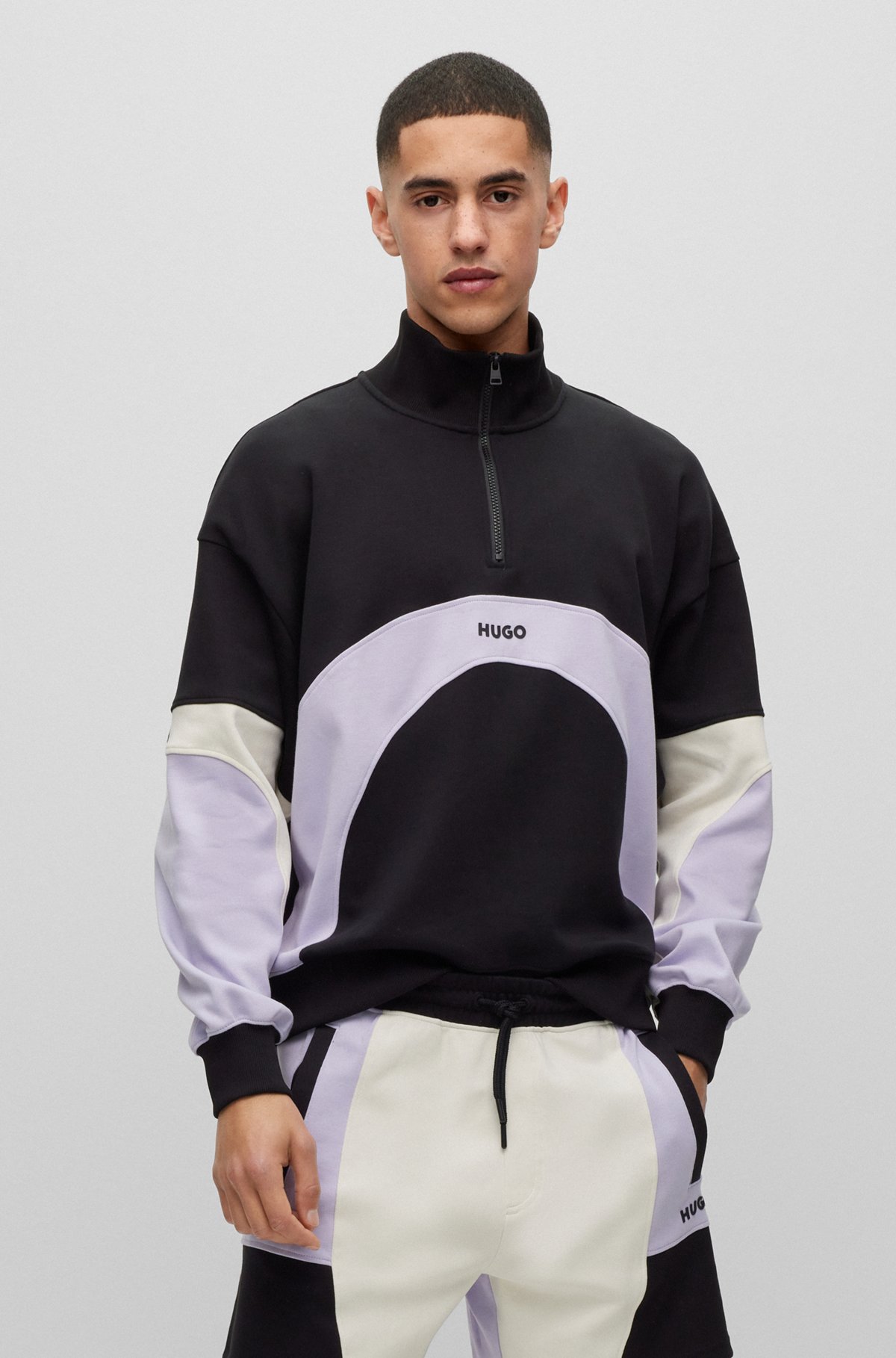 Interlock-cotton zip-neck sweatshirt with color-blocking, Black