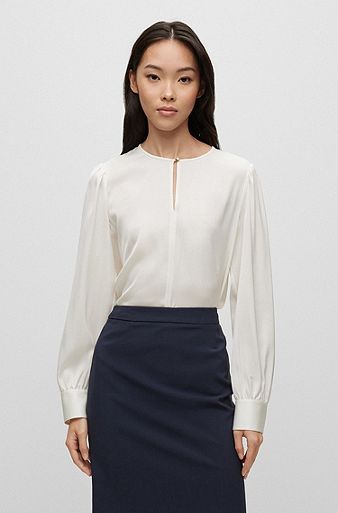 Long-sleeved top in stretch silk with keyhole neckline, White