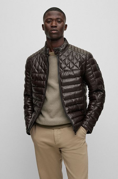 Nappa leather jacket with stand collar, Dark Brown