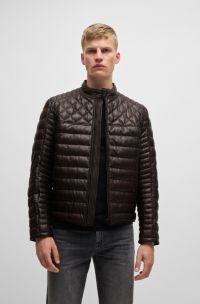 Chaqueta de piel de napa con cuello alzado, Marrón oscuro