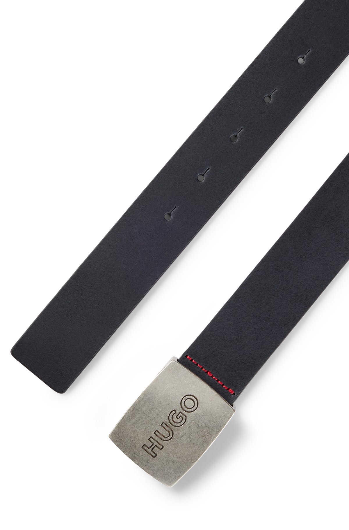 Cinturón de piel con hebilla con placa y logo, Negro
