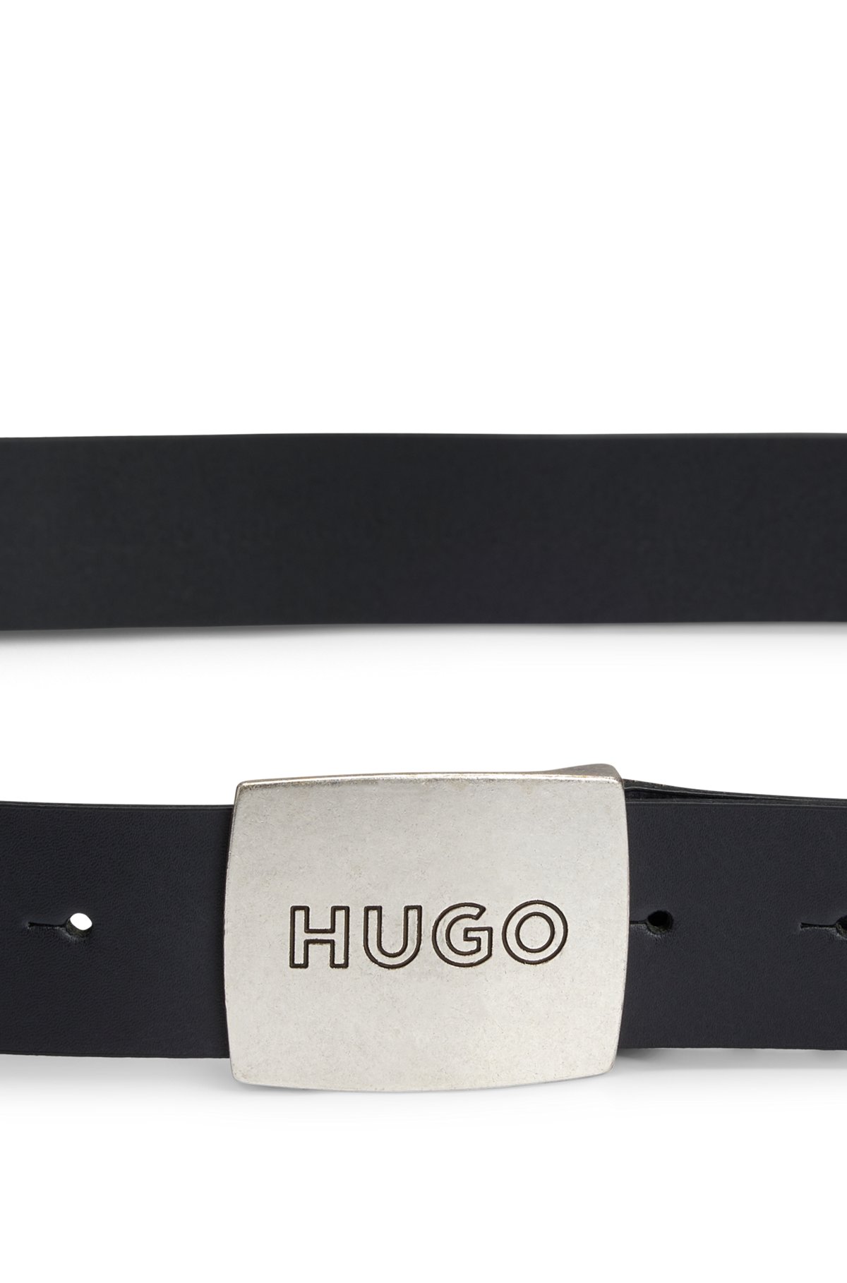 Cinturón de piel con hebilla con placa y logo, Negro