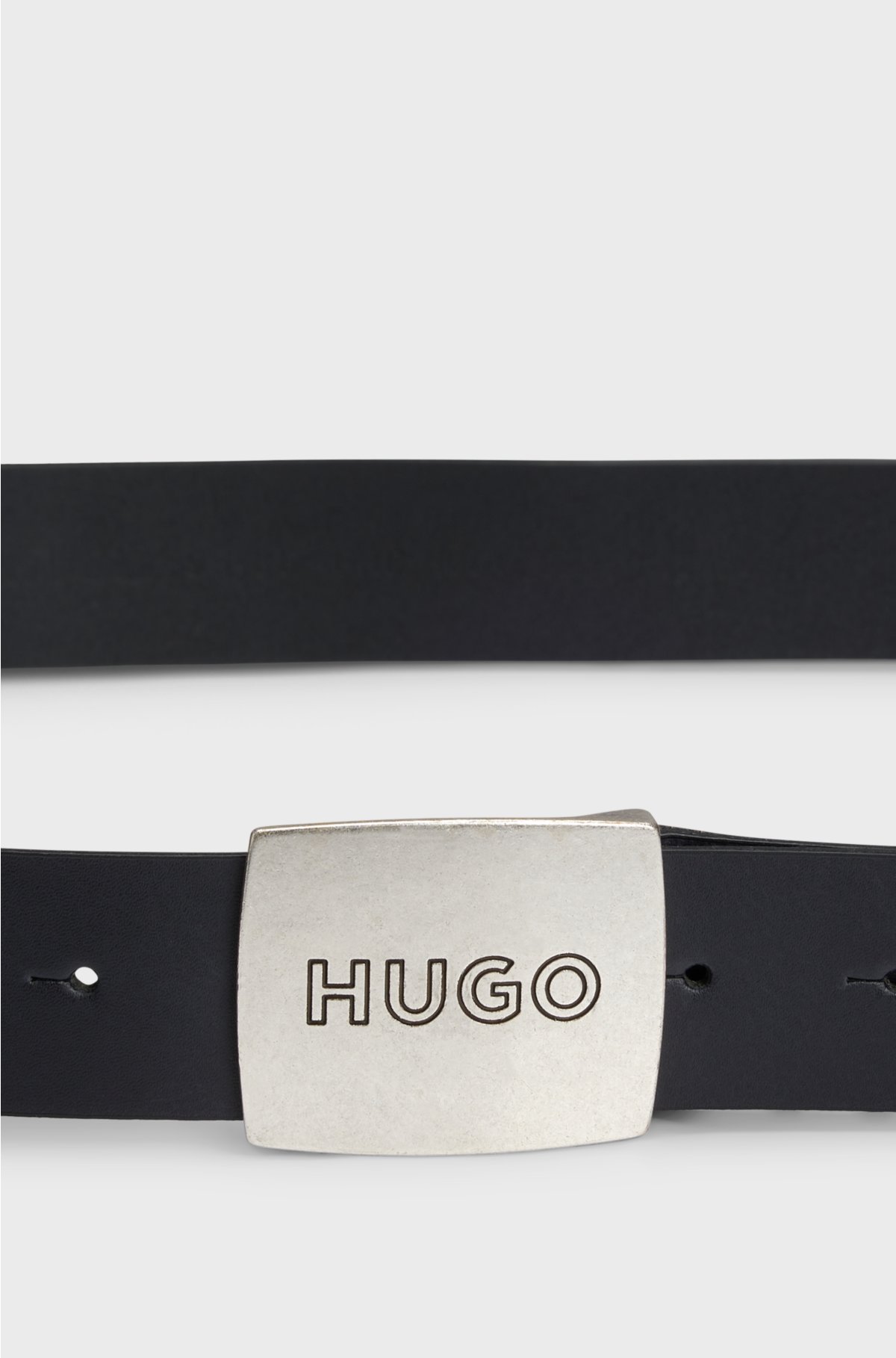 Leather belt with logo plaque buckle, Black