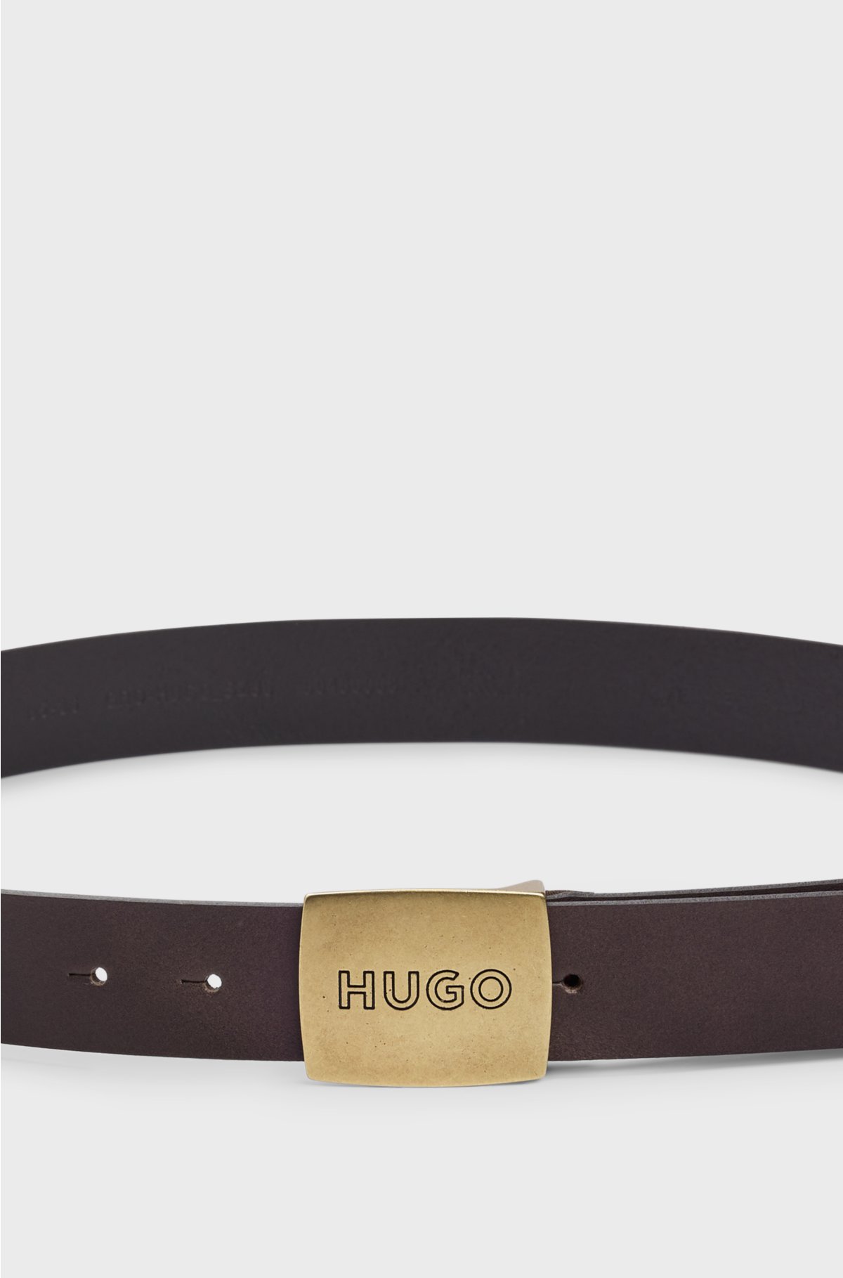 Leather belt with logo plaque buckle, Dark Brown