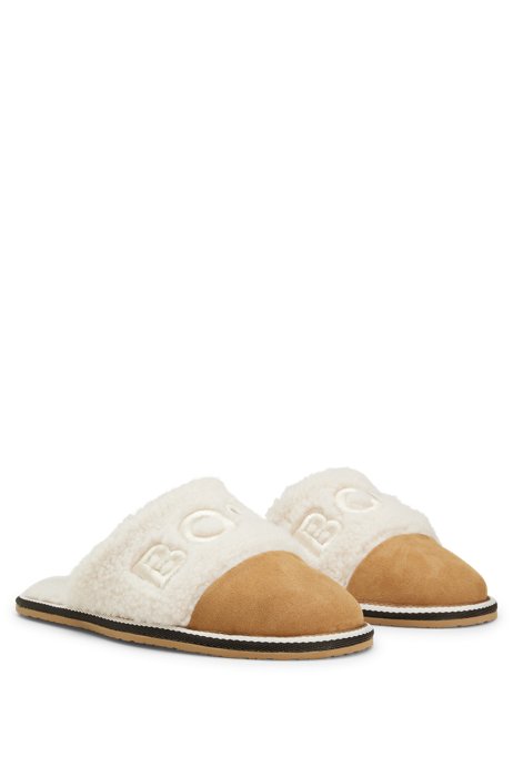 Faux-fur slippers with embroidered logo and contrast toe, Beige