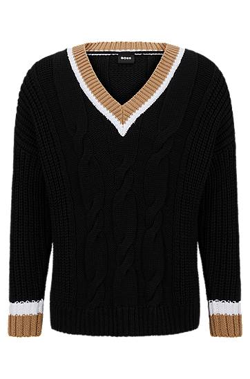 Cotton-blend V-neck sweater with cabled structure, Hugo boss
