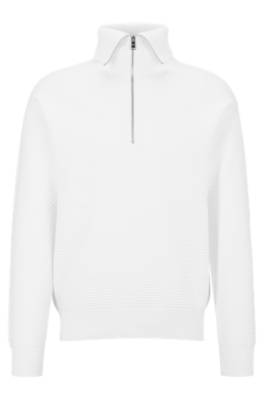 Regular-Fit Sweater with Stand Collar White Cotton Fleece