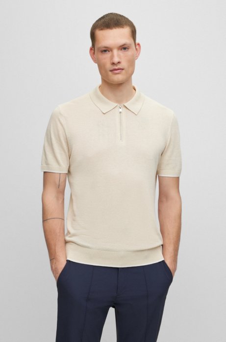 Hugo Boss Linen-blend Polo Sweater With Zip Placket In White