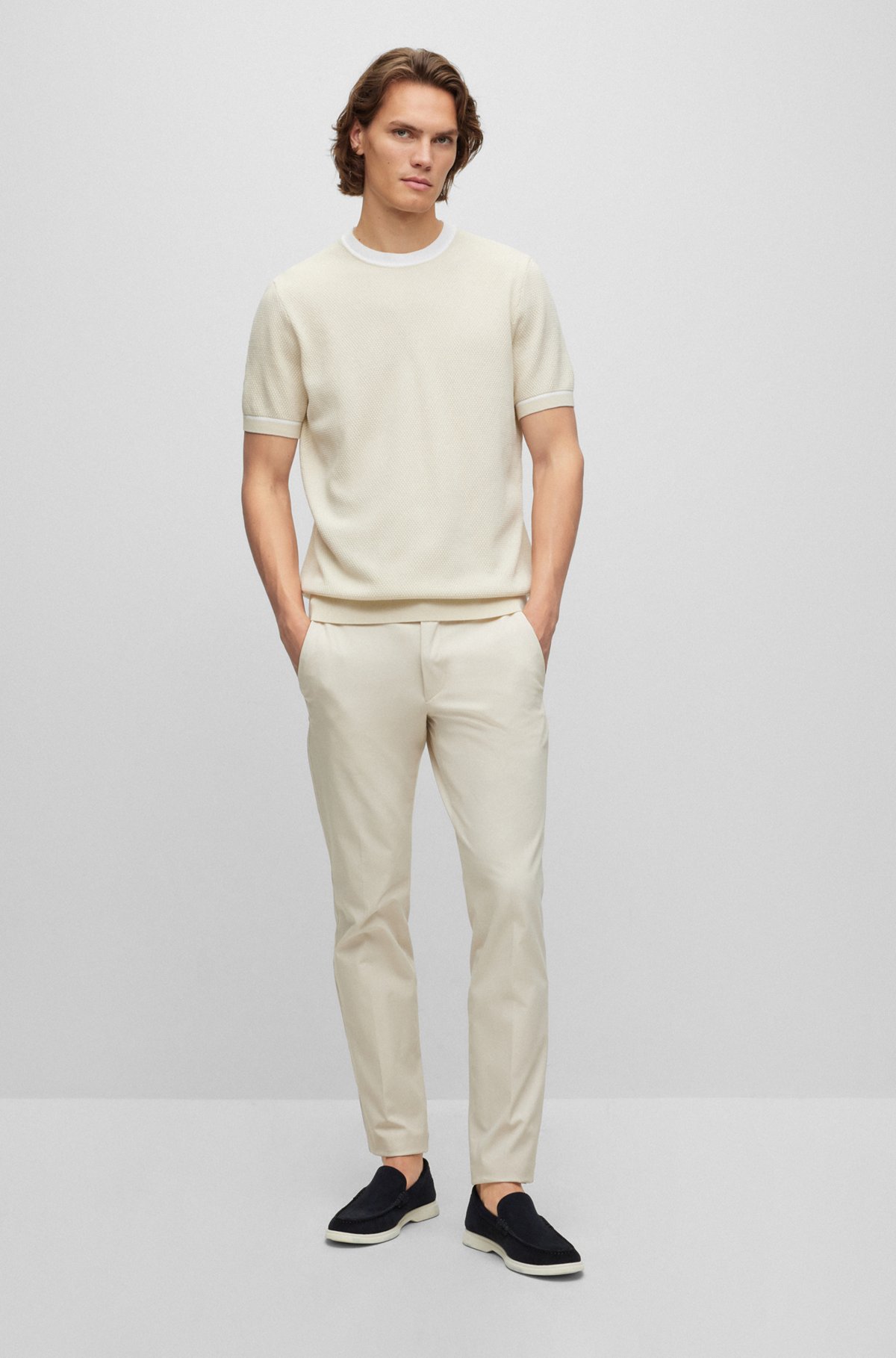 Jersey regular fit de algodón estructurado con ribetes en contraste, Blanco