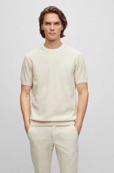 Regular-Fit Pullover aus strukturierter Baumwolle mit kontrastfarbenen Einfassungen, Weiß