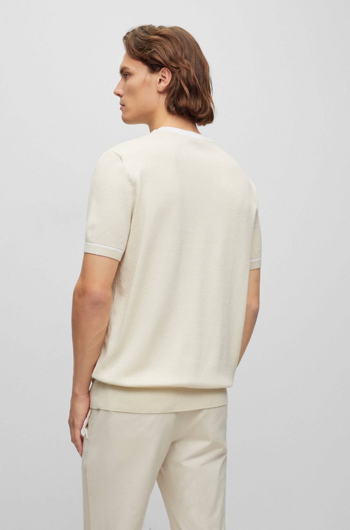 Jersey regular fit de algodón estructurado con ribetes en contraste, Blanco