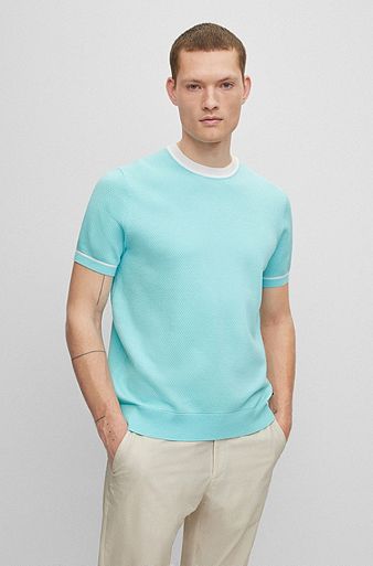 Structured-cotton regular-fit sweater with contrast tipping, Light Blue