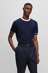 Structured-cotton regular-fit sweater with contrast tipping, Dark Blue