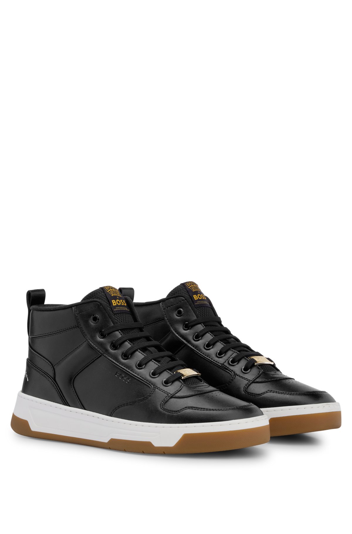 Looney Tunes x BOSS High-top trainers with slogan detailing and logo, Black