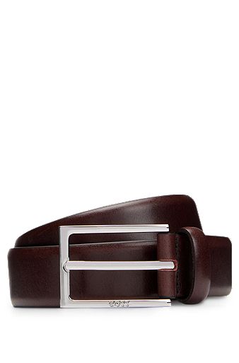 Cinturón de piel italiana con logo grabado en la hebilla, Marrón oscuro