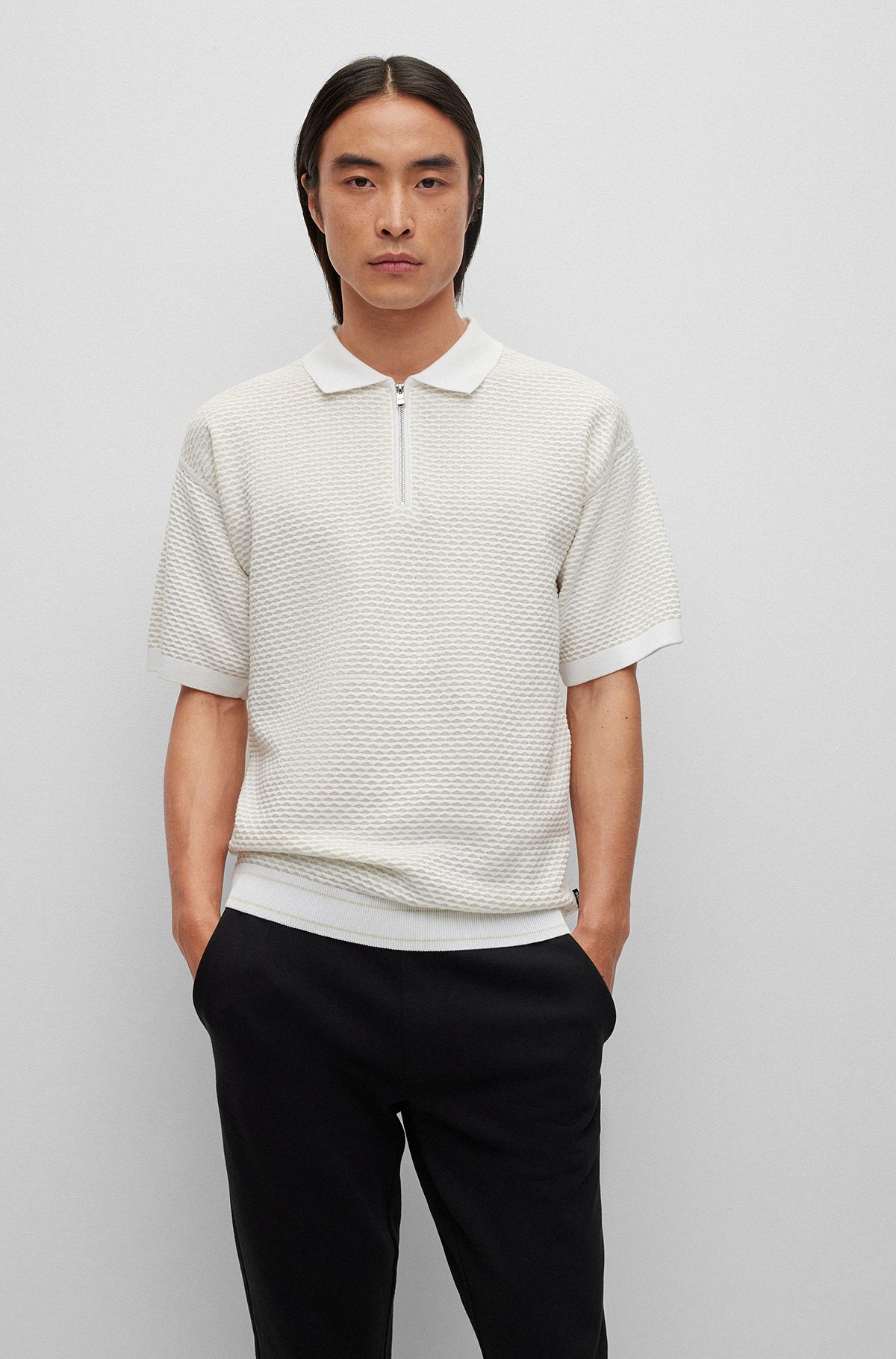 Mercerised-cotton polo sweater with zip placket, White