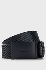 Textured-leather belt with branded black plaque buckle, Black