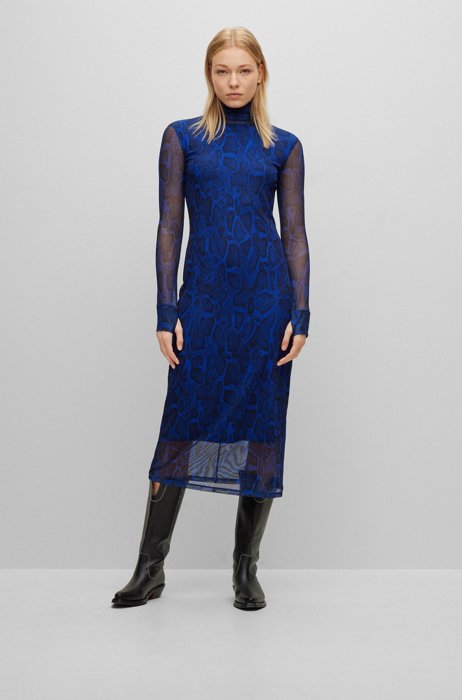 Slim-fit dress in stretch mesh with mock neckline, Patterned