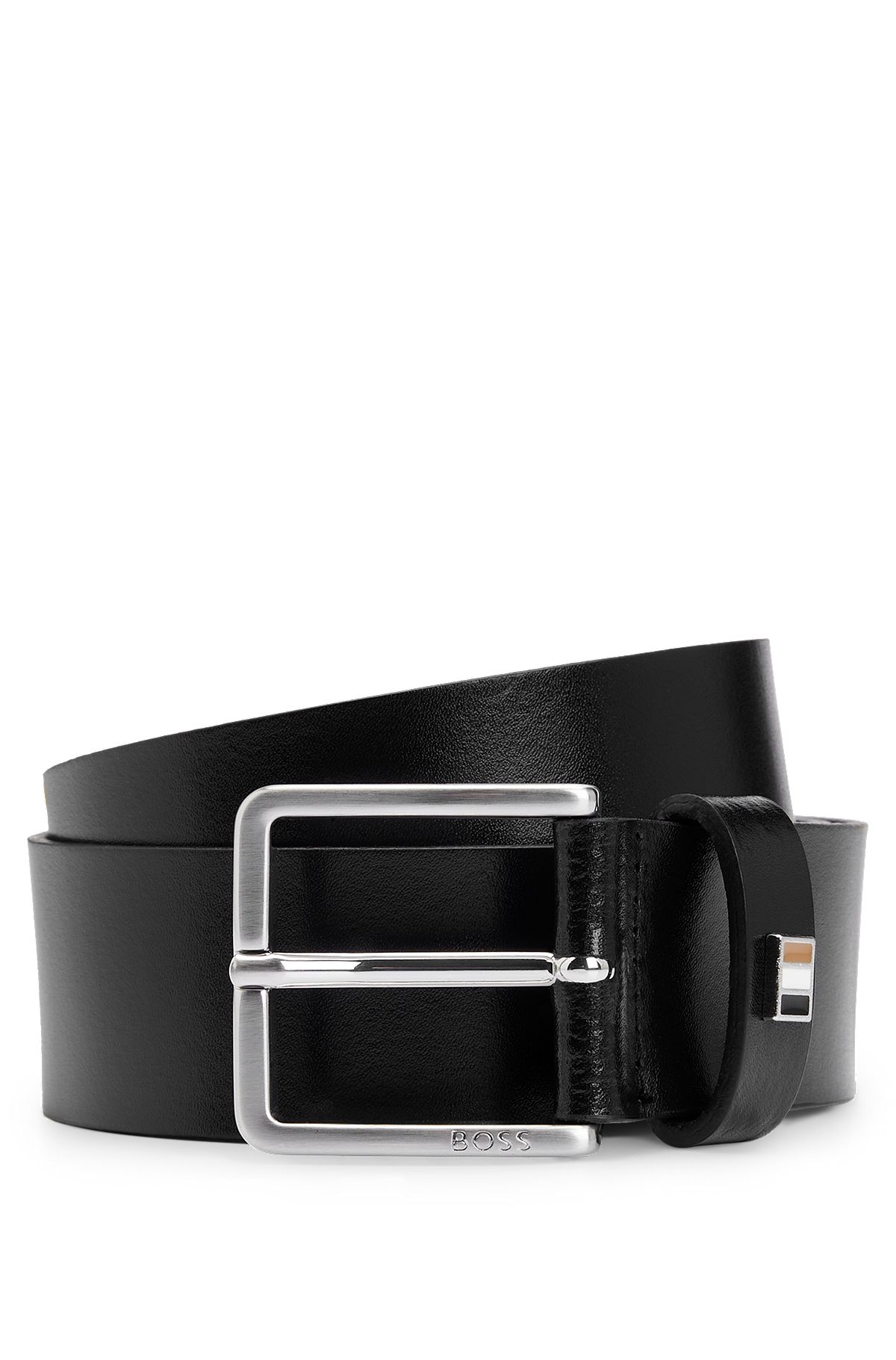 Cinturón de piel italiana con herrajes de la marca, Negro