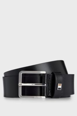 Italian-leather belt with signature-stripe keeper, Black