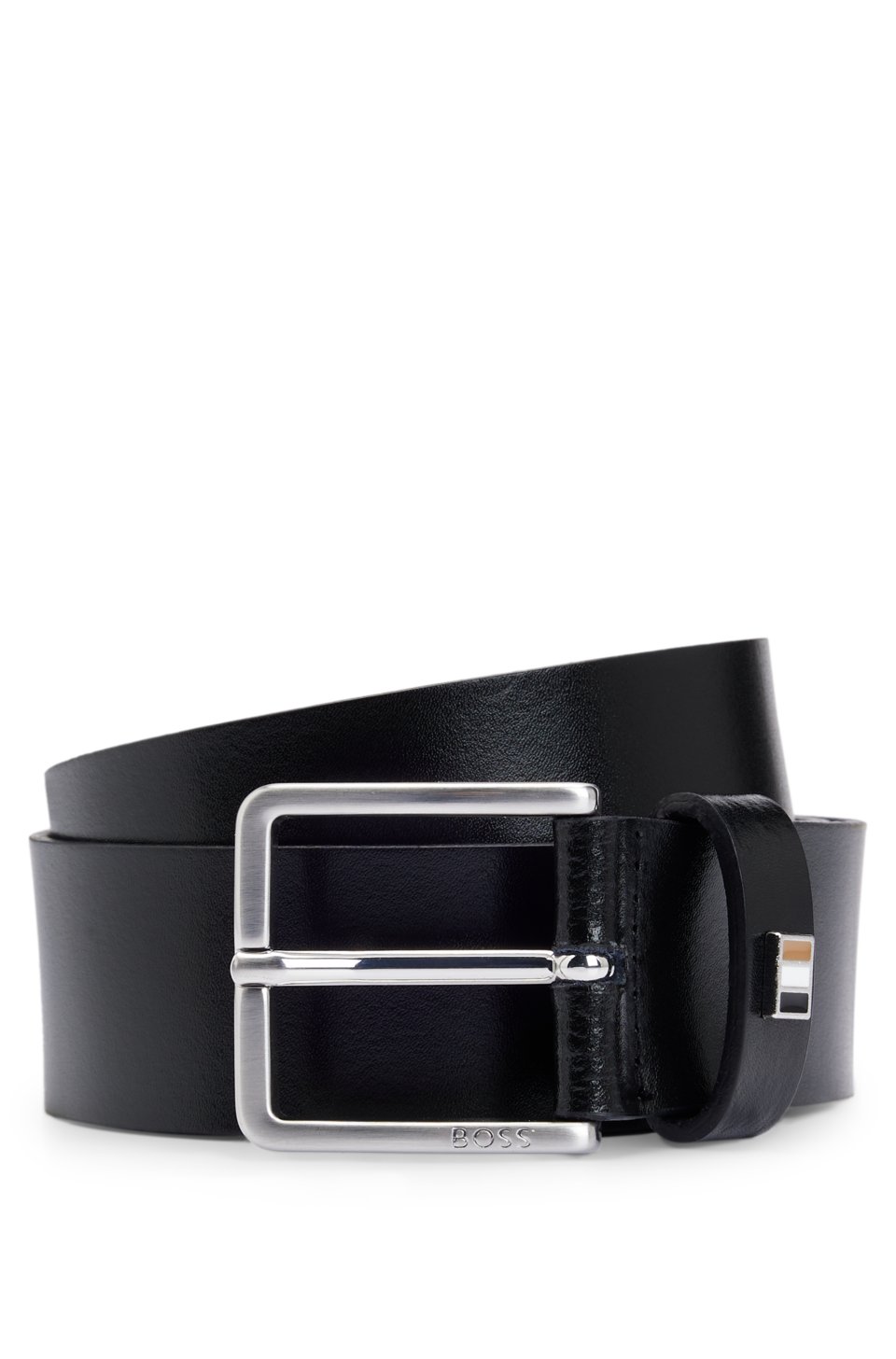 Italian-made leather belt with signature-stripe trim