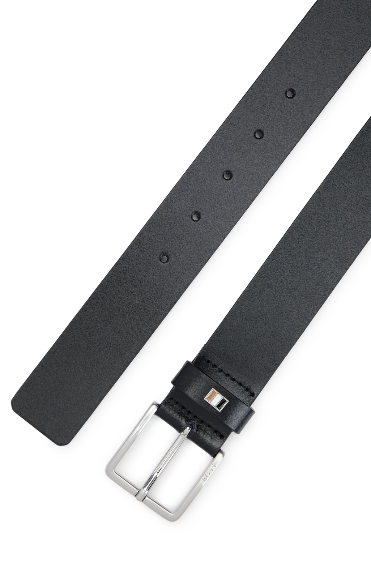 Italian-leather belt with signature-stripe keeper trim, Black