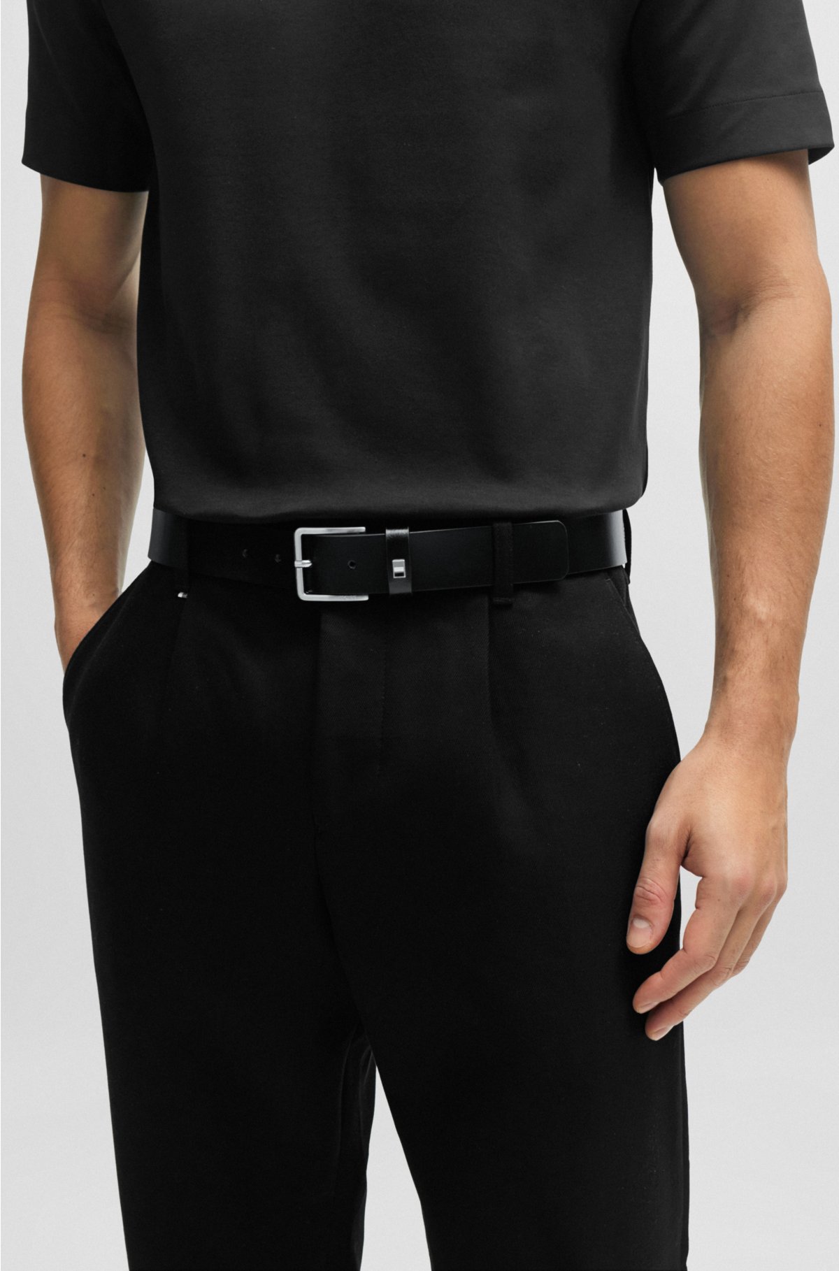 Italian-leather belt with signature-stripe keeper trim, Black