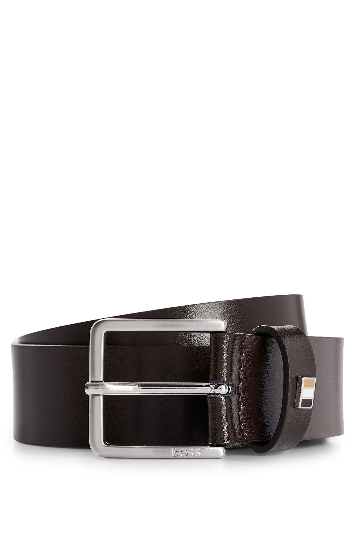 Italian-leather belt with signature-stripe keeper trim, Dark Brown