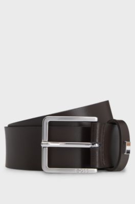 Italian-leather belt with signature-stripe keeper, Dark Brown