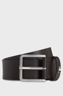 Italian-made leather belt with signature-stripe trim, Dark Brown