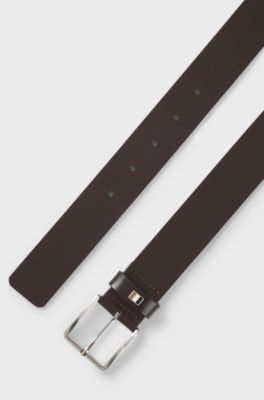Italian-leather belt with signature-stripe keeper, Dark Brown