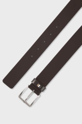 Italian-made leather belt with signature-stripe trim, Dark Brown
