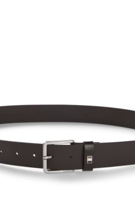Italian-leather belt with signature-stripe keeper, Dark Brown