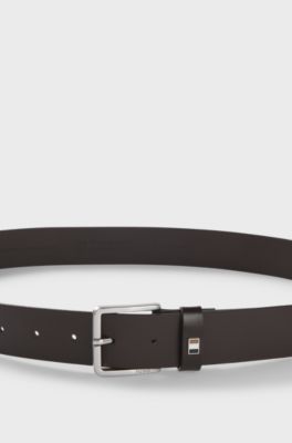 Italian-made leather belt with signature-stripe trim, Dark Brown