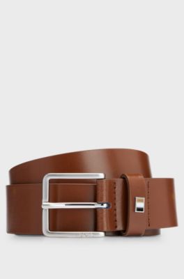 Italian-made leather belt with signature-stripe trim, Brown