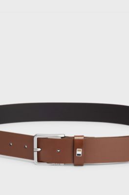 Italian-made leather belt with signature-stripe trim, Brown