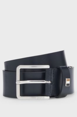 Cintur&oacute;n de piel fabricado en Italia con detalle de rayas de la marca, Azul oscuro