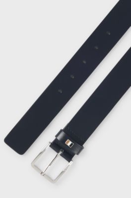 Italian-made leather belt with signature-stripe trim, Dark Blue