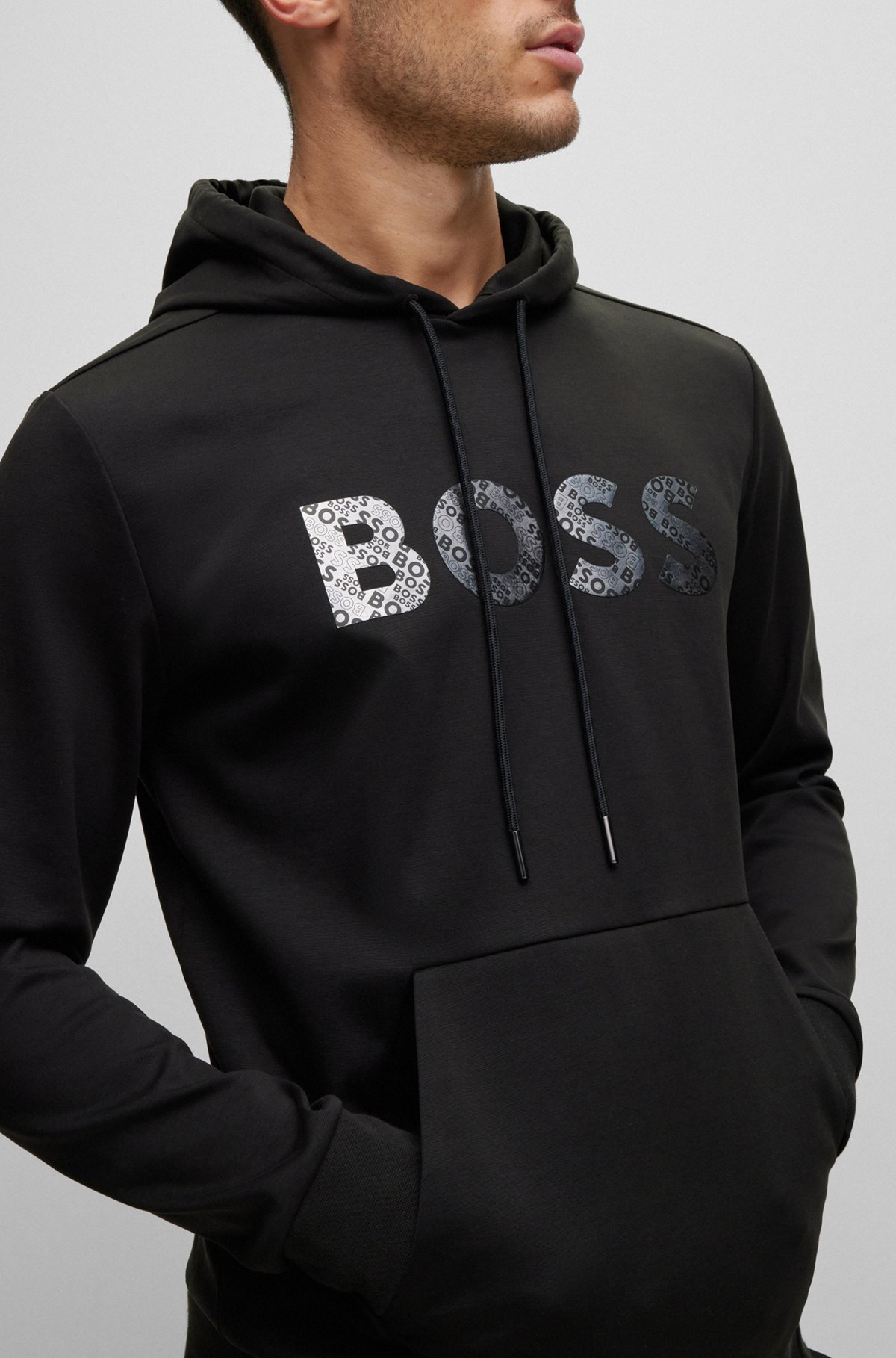 BOSS - Cotton-blend hoodie with mirror-effect logo artwork