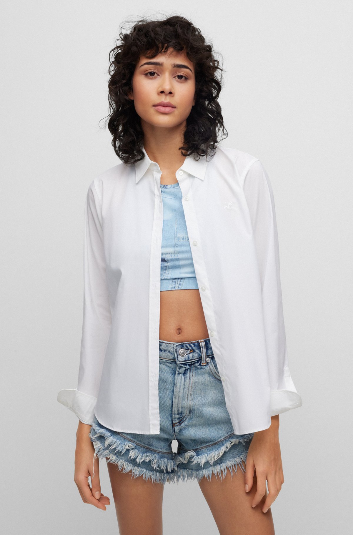 Regular-fit blouse van stretchkatoen met tweedelig logo, Wit
