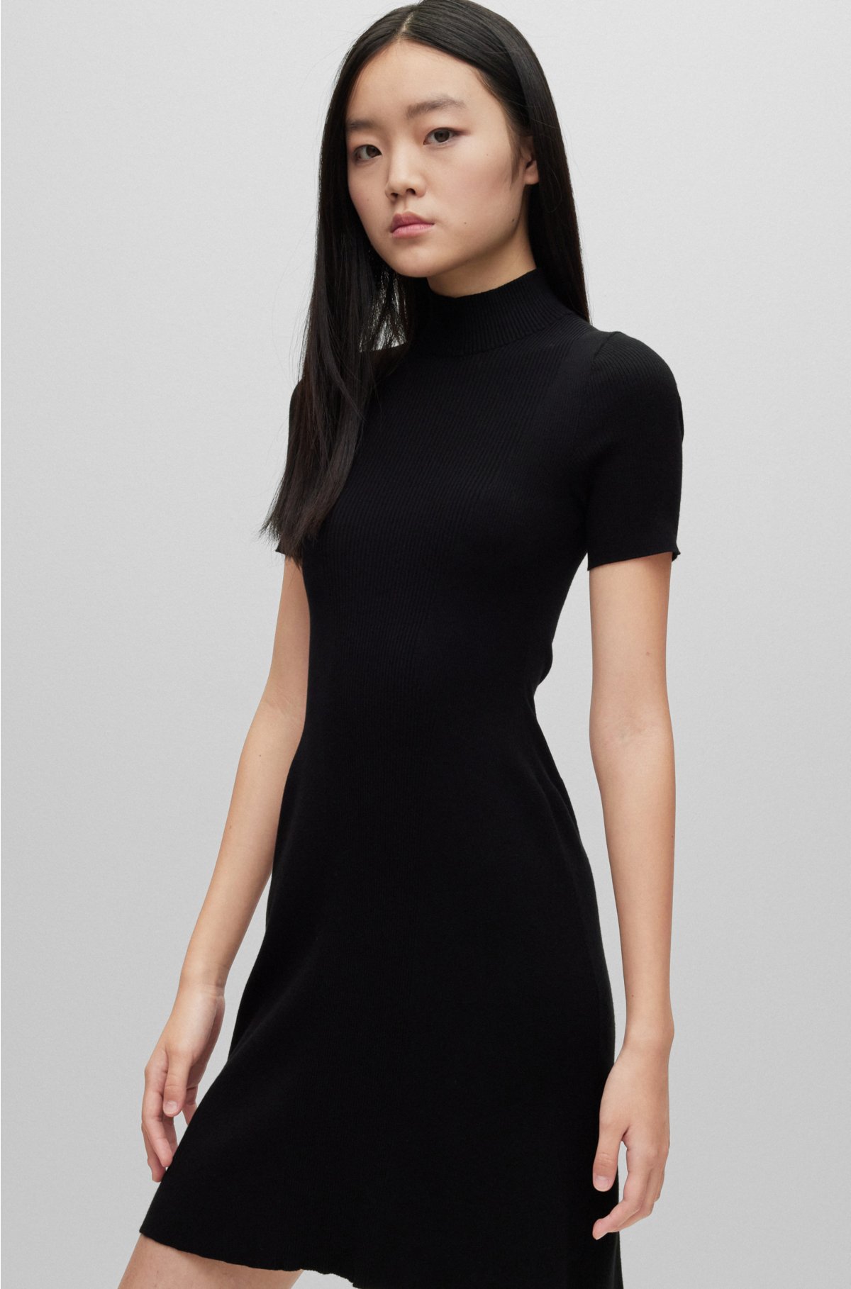 HUGO - Mock-neck mini dress in mixed ribbed structures
