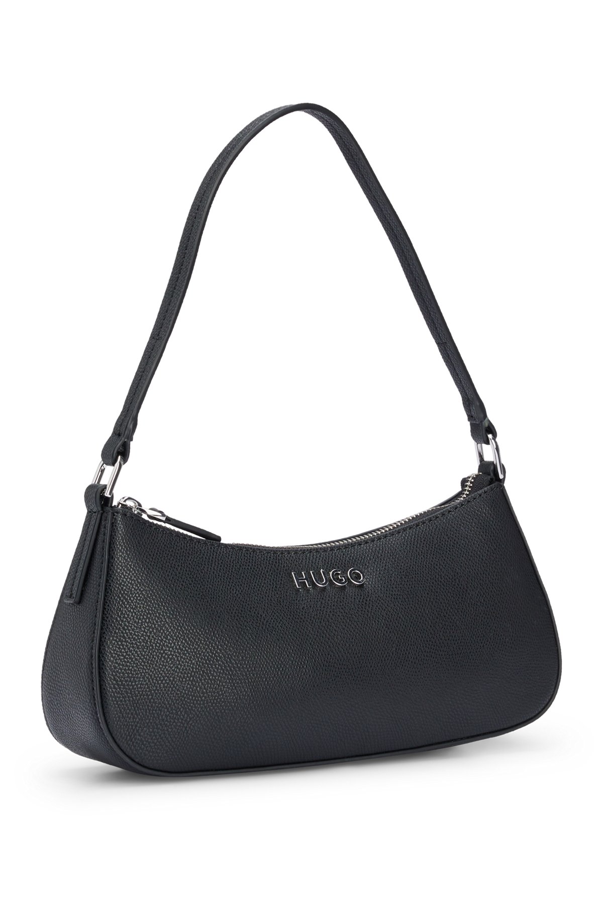 Faux-leather hobo bag with polished logo lettering, Black