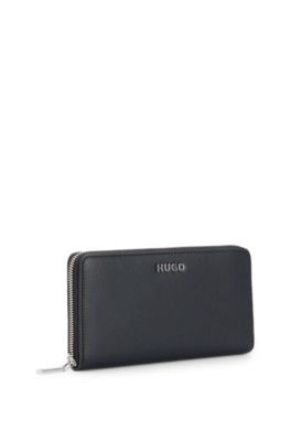 Grained faux-leather ziparound wallet with logo lettering, Black