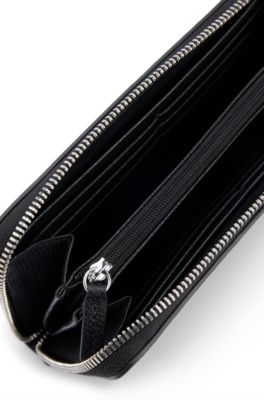 Grained faux-leather ziparound wallet with logo lettering, Black