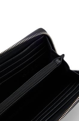 Grained faux-leather ziparound wallet with logo lettering, Black