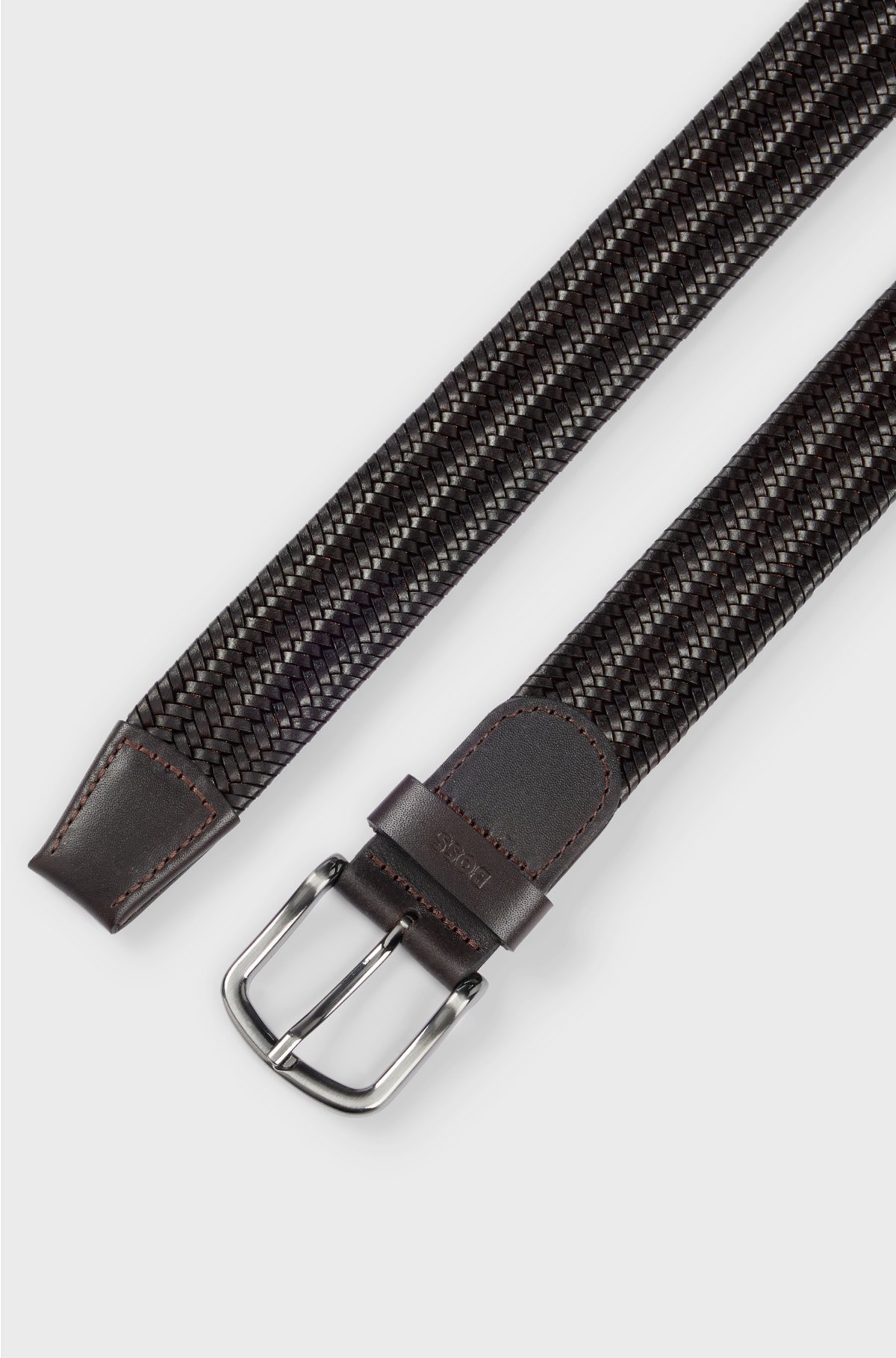 Woven-leather belt with gunmetal pin buckle, Dark Brown