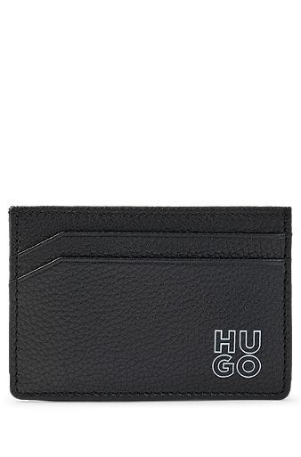 Grained-leather card holder with stacked logo, Black