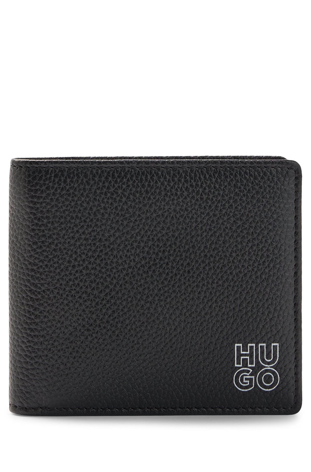 Grained-leather wallet with stacked logo and coin pocket, Black
